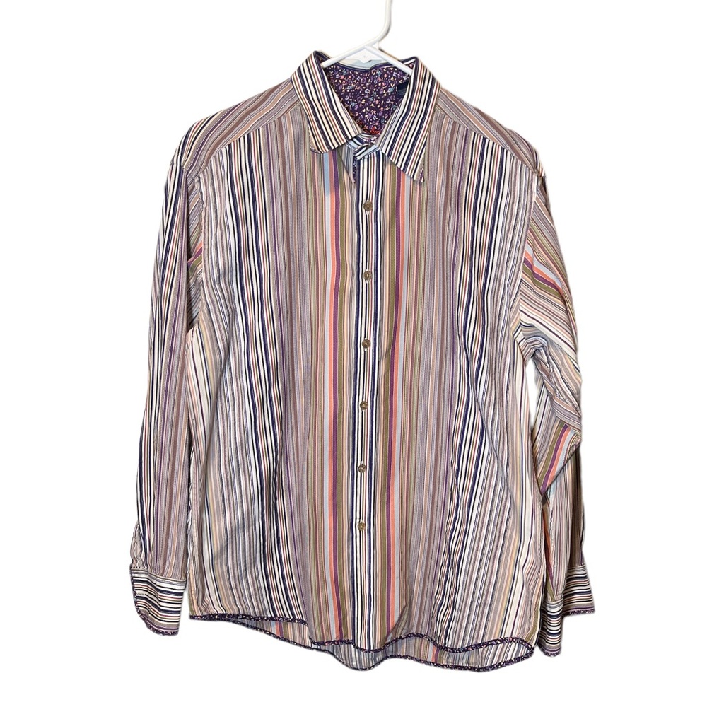 Robert Graham Button Down Dress Casual Shirt Funky Floral Stripes Purple Large